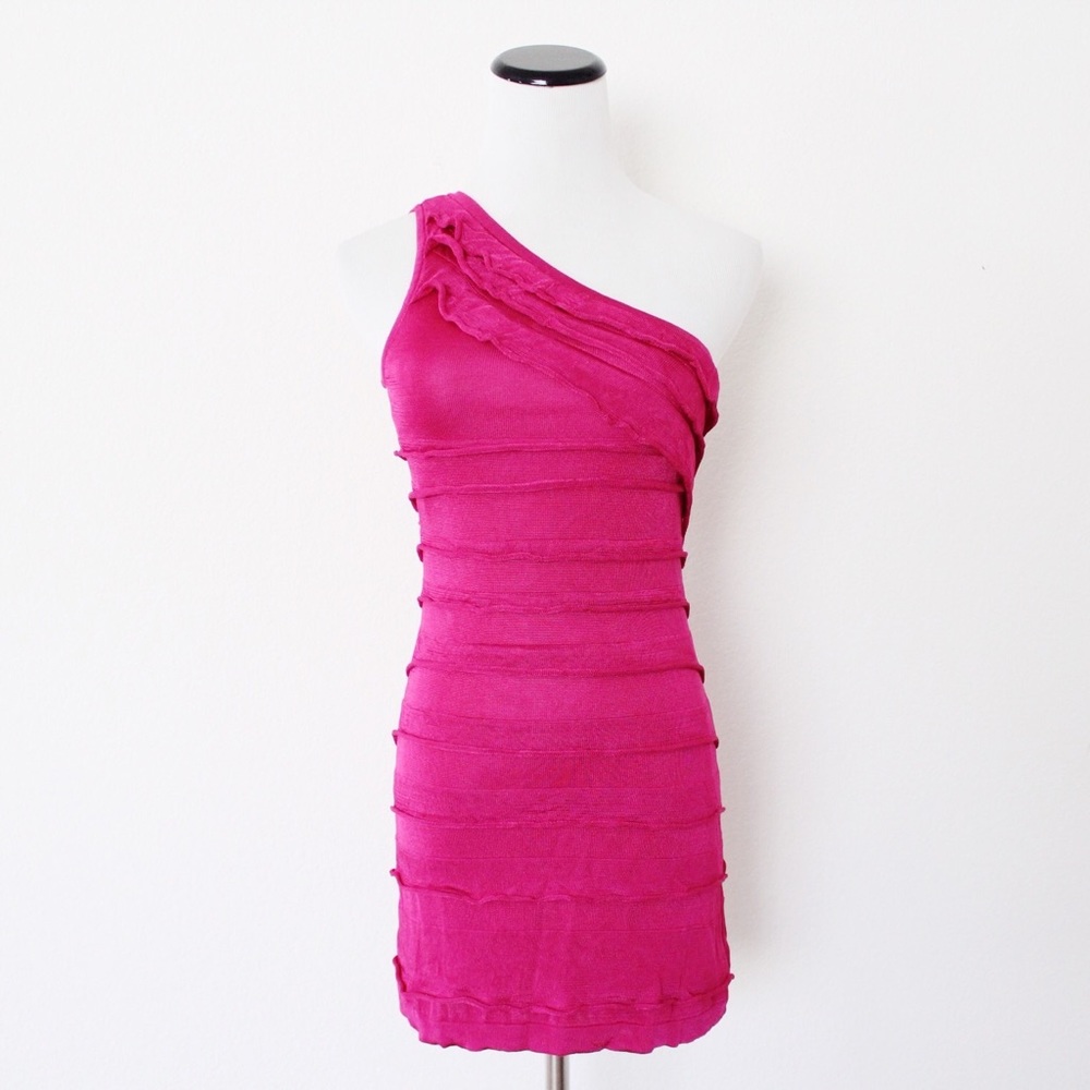 Marciano Fuchsia Ruffle Mesh One-Shoulder Dress